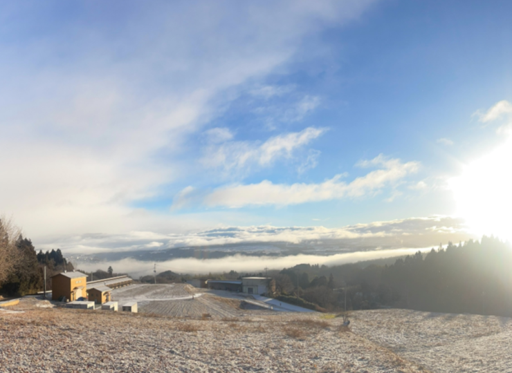 雲海に包まれた沼田の街並みを眼下に望む、標高五五〇メートルの農場。東の空から昇る朝日がゆっくりと差し込み、澄んだ空気のなかで静かな一日がはじまります。